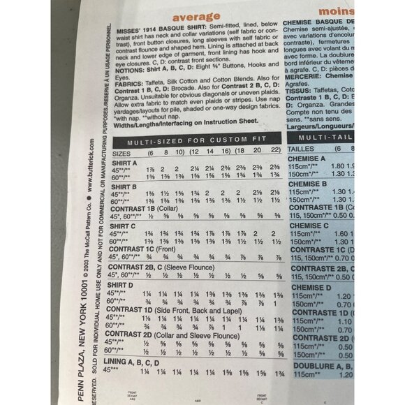 Butterick B4091 Basque Shirt Sewing Pattern Size 18 20 22 Historical UNCUT NEW - Picture 5 of 7